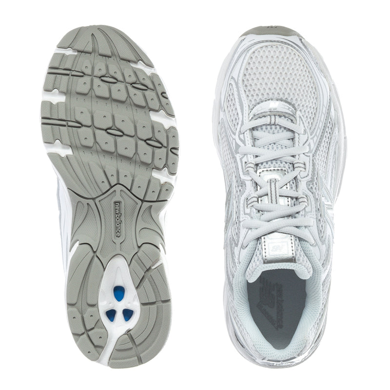 Youth 740 sneakers with gray rubber outsole tread and white mesh lace-up upper