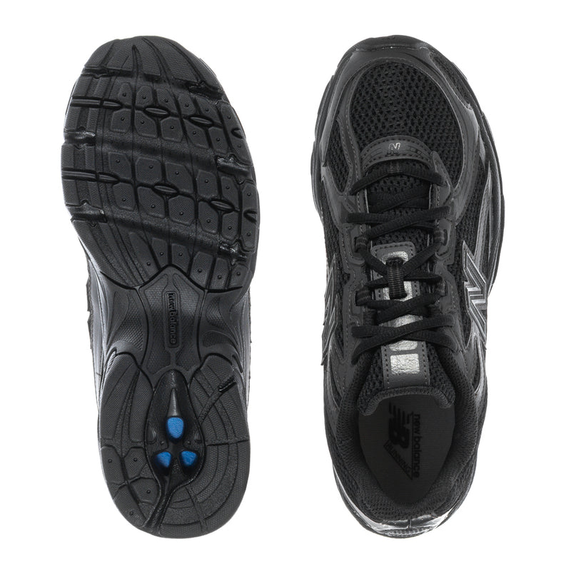 Youth New Balance sneakers, black outsole tread and mesh upper with laces