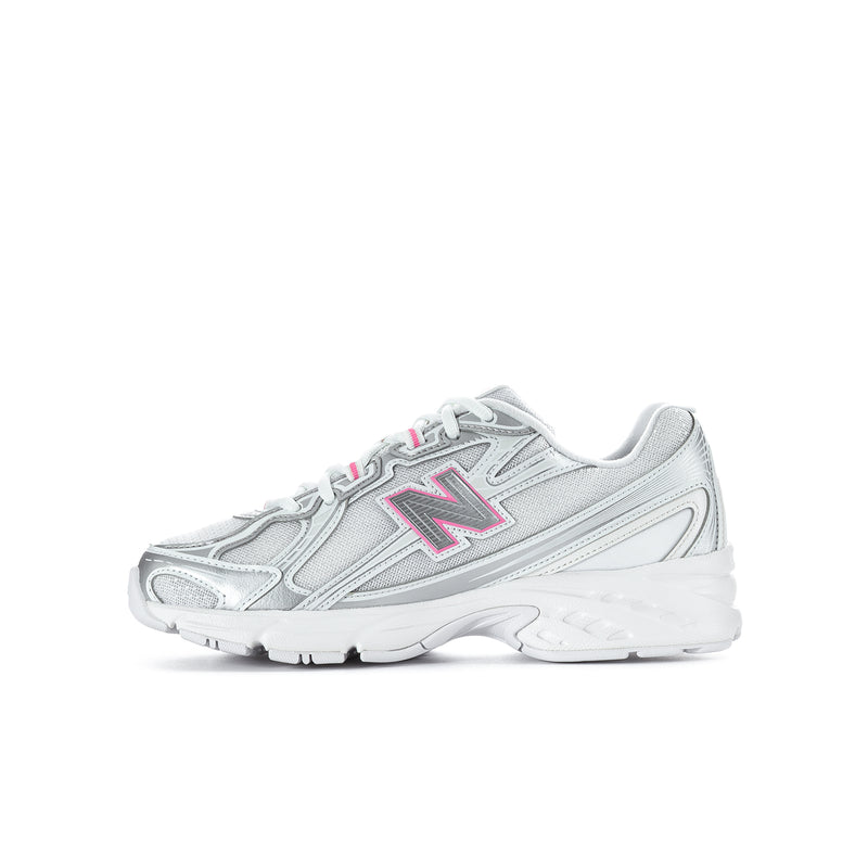 Youth silver metallic sneakers with pink accents, lace-up with cushioned sole