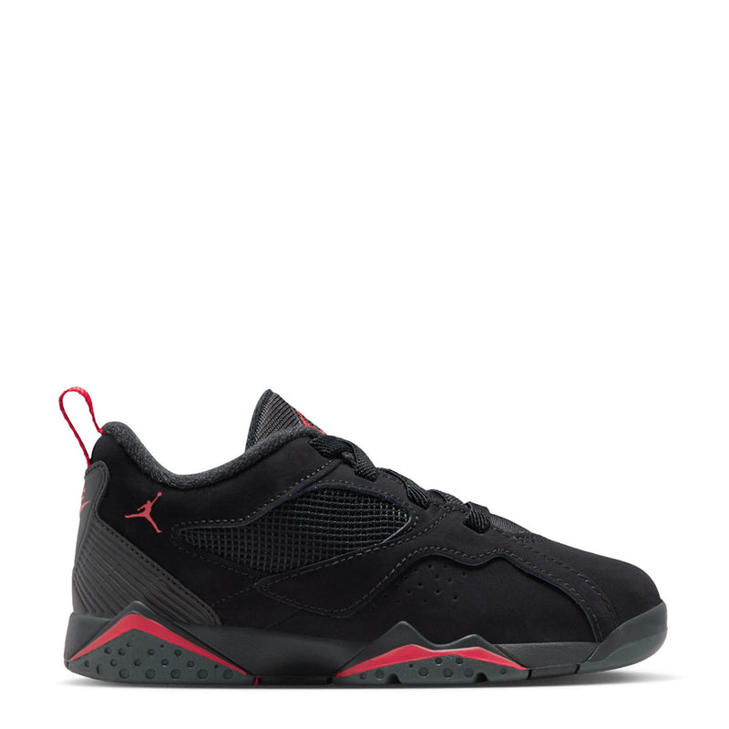 Kids black low-top sneakers with red accents and lace-up