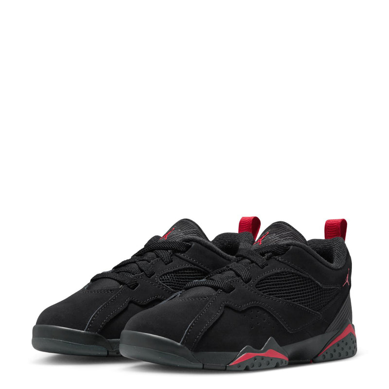 Kids black lace-up sneakers, pair view, with red midsole and laces