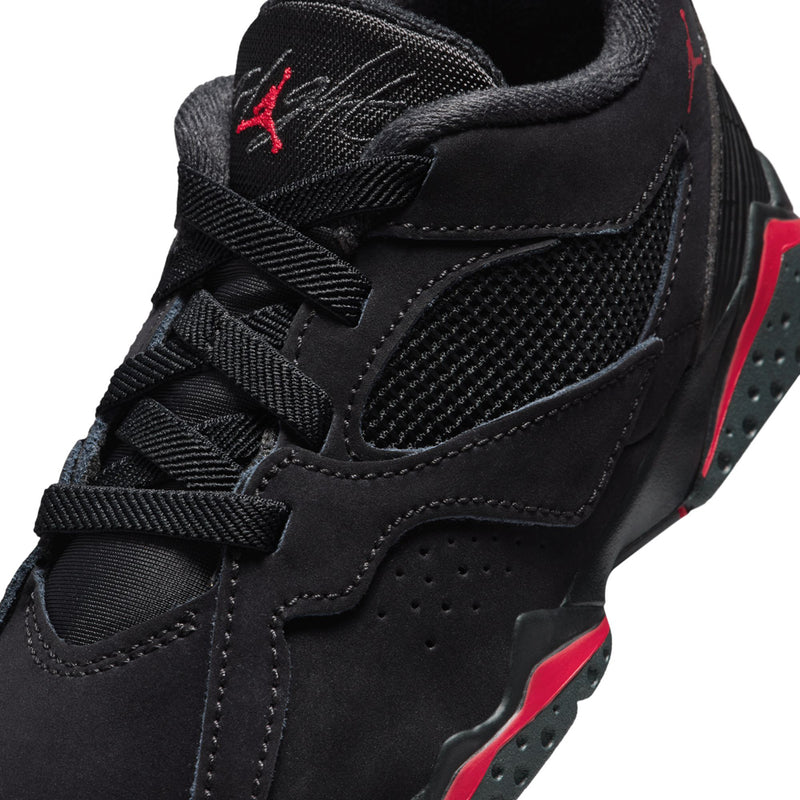 Kids black sneaker upper with mesh panels, stitched overlays, and red logo