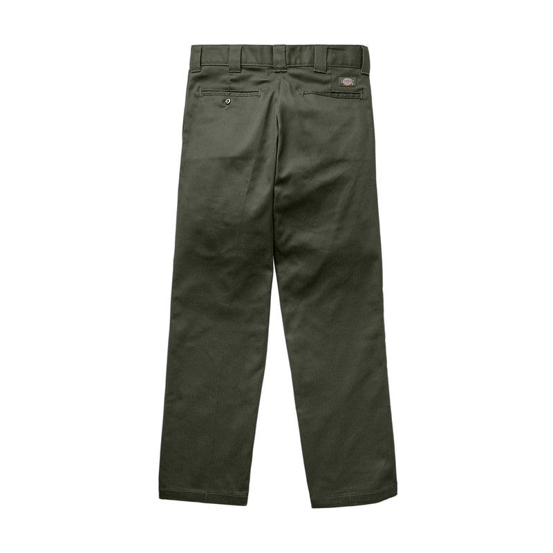 Men's olive green work pants flat lay with belt loops and button fly.