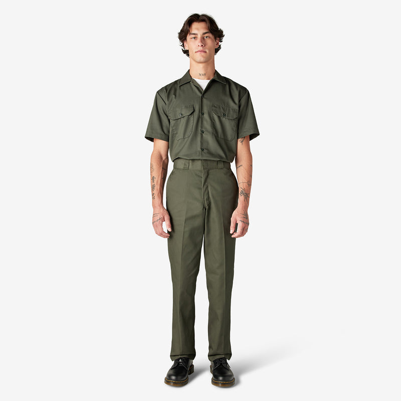 Men's olive green work pants with belt loops and straight leg, front slant pockets.