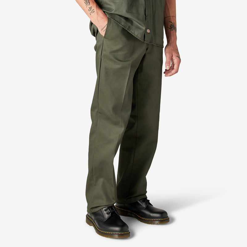 Olive green work pants with side seam pocket and straight, tapered leg.