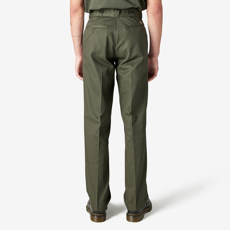 Olive green men's work pants back view with belt loops and patch back pockets.