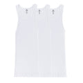 Three-pack white sleeveless tank tops, crew neck, flat lay