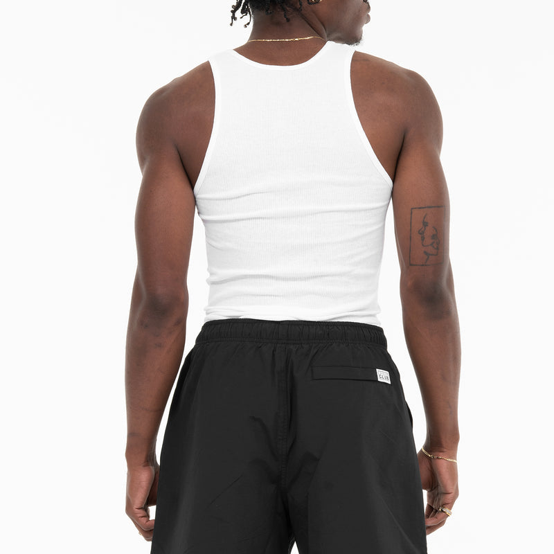 Men's white sleeveless tank top with crew neckline, back view