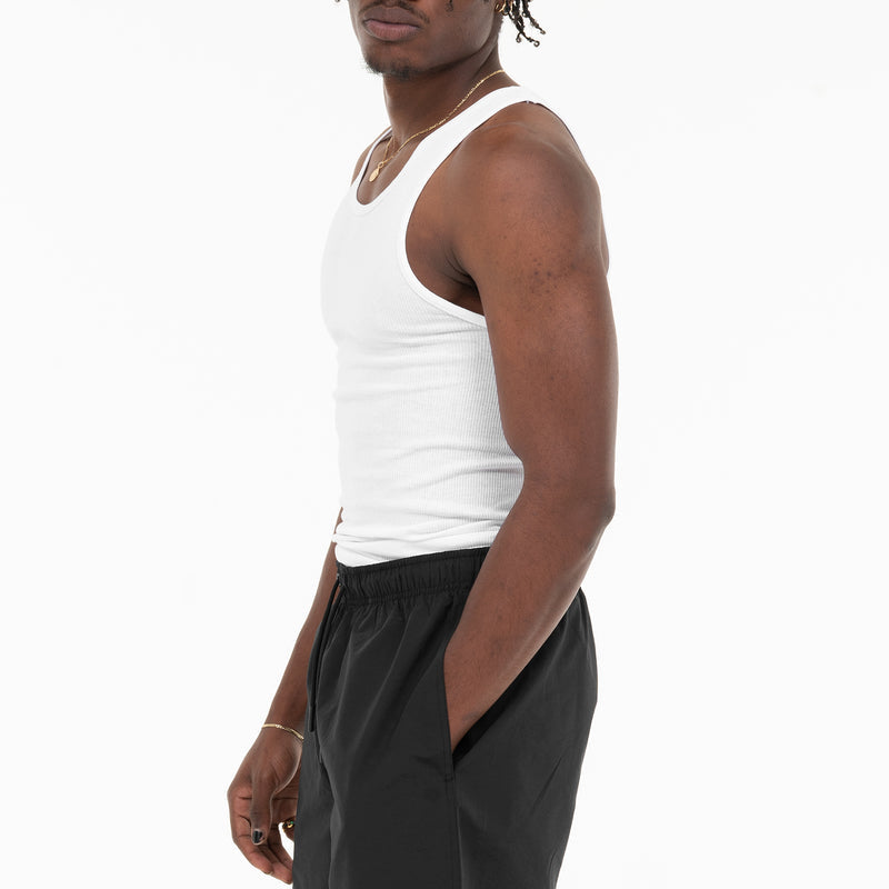 Men's white sleeveless tank top with crew neckline, side profile