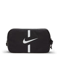 Black soccer shoe bag with white Nike swoosh and vertical white accents