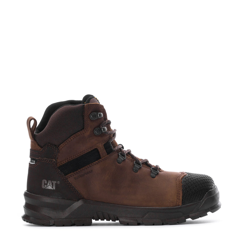 Men's brown steel-toe waterproof work boot with lace-up front and rugged sole