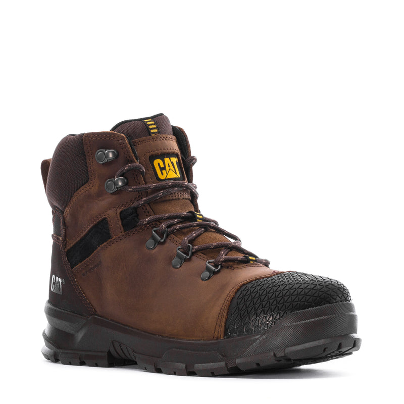 Men's brown steel-toe waterproof work boot with black toe cap and CAT logo