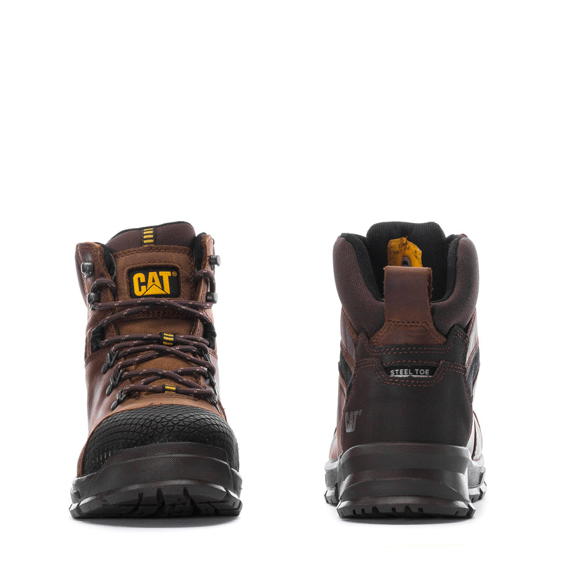 Men's brown steel-toe waterproof work boots, heel and toe view with CAT tag
