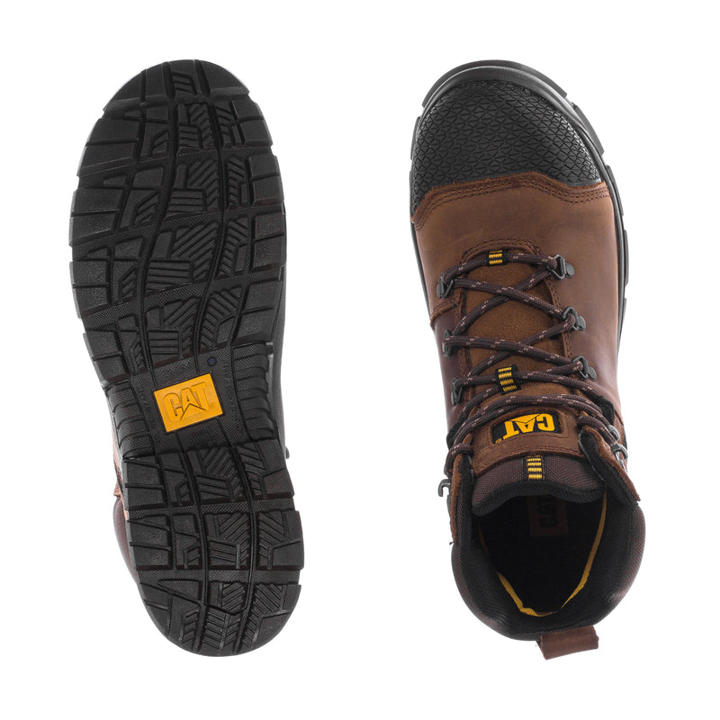 Men's work boot outsole with deep tread; brown steel-toe upper, lace-up front