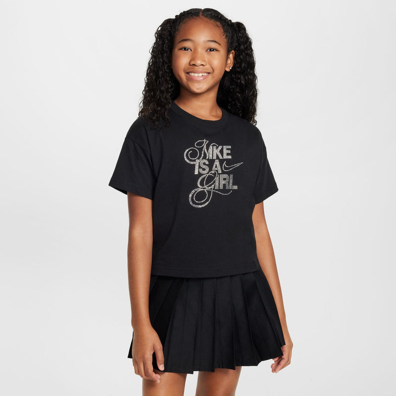 Youth black graphic T-shirt with 'Nike is a girl' logo