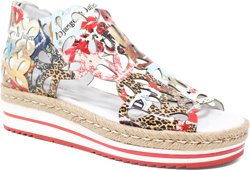Multicolored floral and animal print sandal with a thick sole on a white background