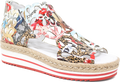 Multicolored floral and animal print sandal with a thick sole on a white background
