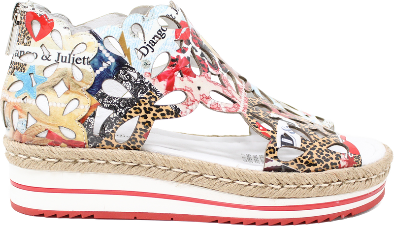 Colorful sandal with animal print patterns on a white background