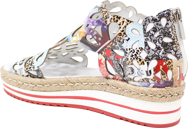 Multicolored wedge sandal with a patterned sole on a white background