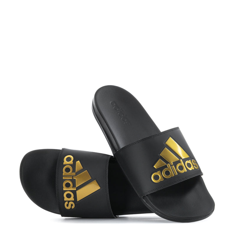 Men's black slide sandals, pair showing front straps with adidas logo