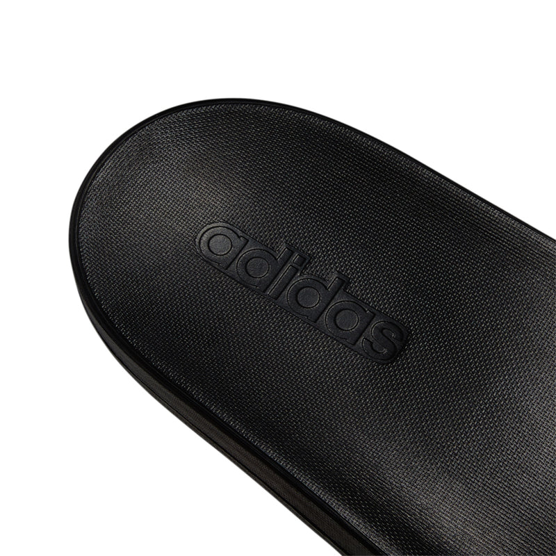 Men's black slide sandals, embossed adidas logo on footbed