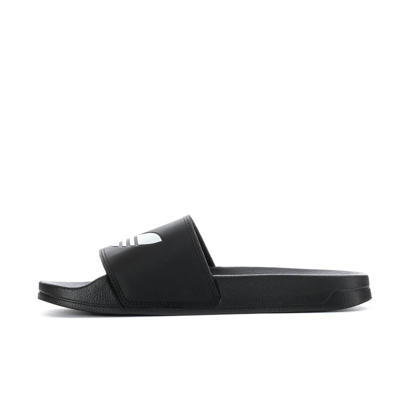 Men's black slide sandals with white adidas logo on the strap and thick footbed