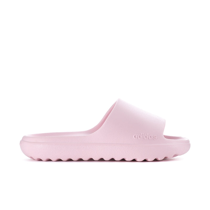 Women's slide sandals in clear pink, single wide band with adidas logo on side