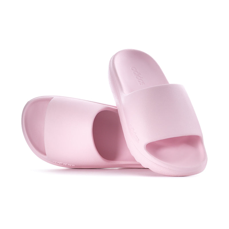 Clear pink slide sandals, open toe with cushioned strap and adidas logo on footbed