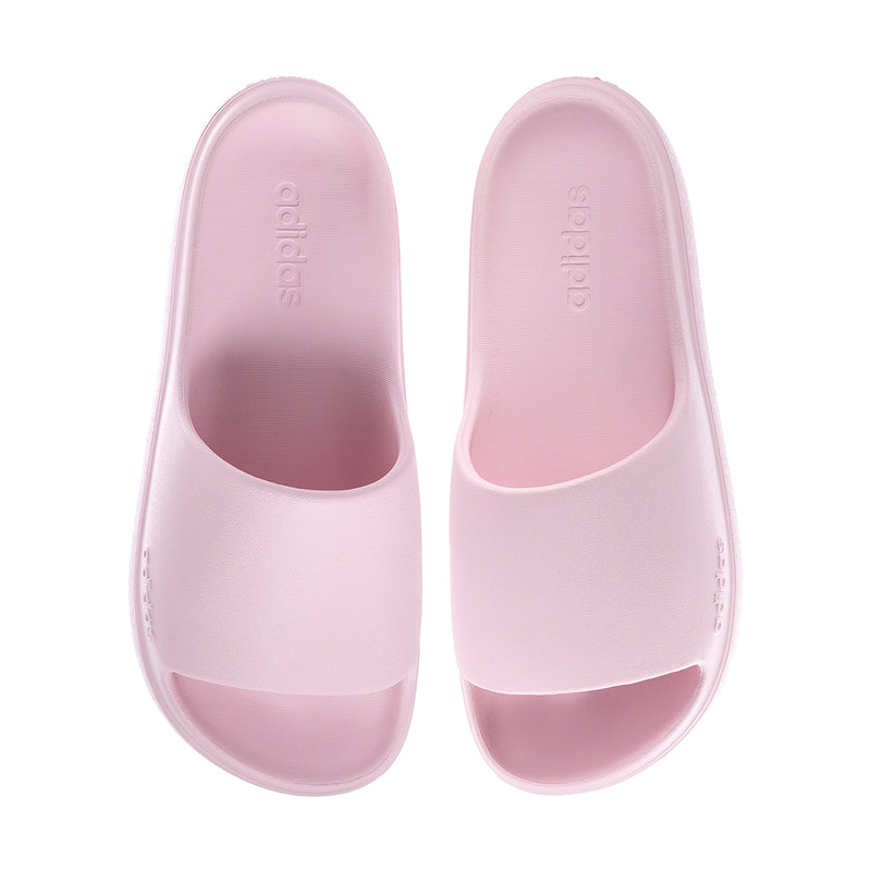 Pair of clear pink slide sandals, front view with open toe and smooth footbed