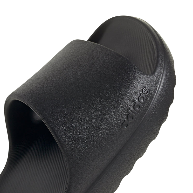 Black slide sandal upper with adidas logo embossed on the strap