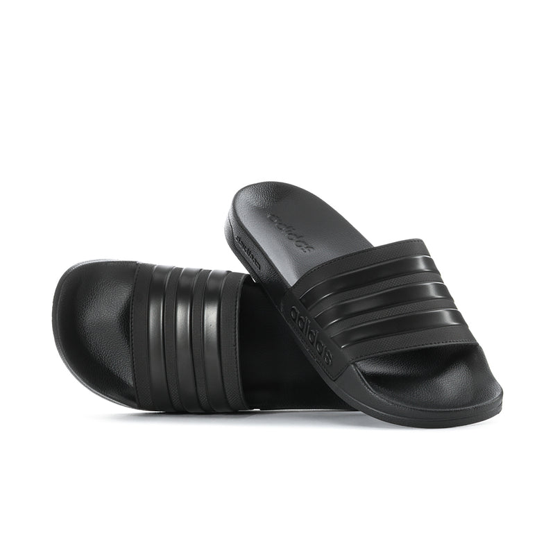 Black adidas slide sandals with three raised strap bands and textured footbed