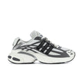 Men's running shoes in grey, black, and off-white with adidas branding and lace-up.