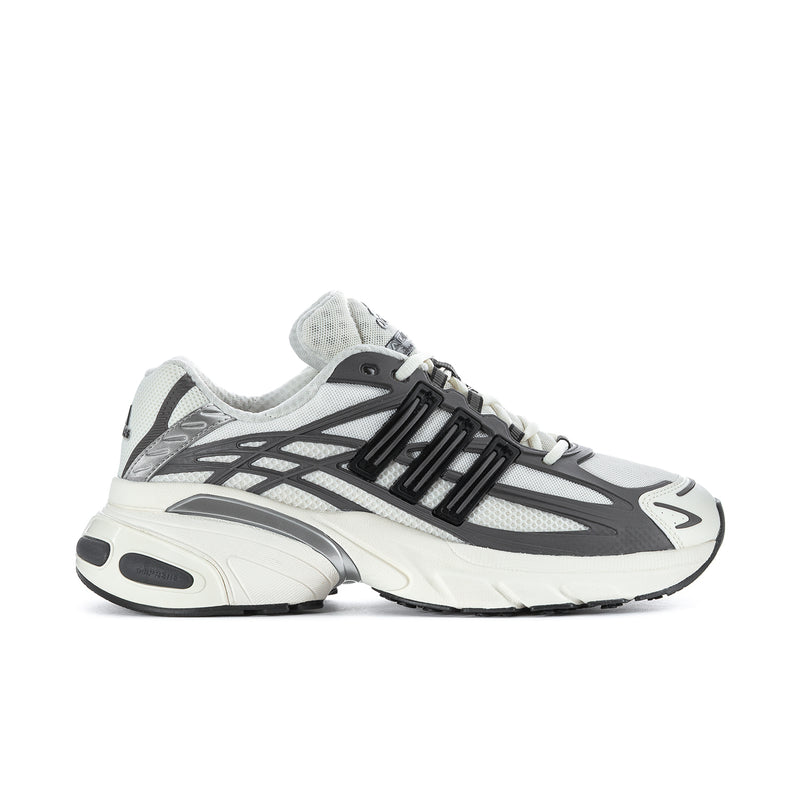 Men's running shoes in grey, black, and off-white with adidas branding and lace-up.