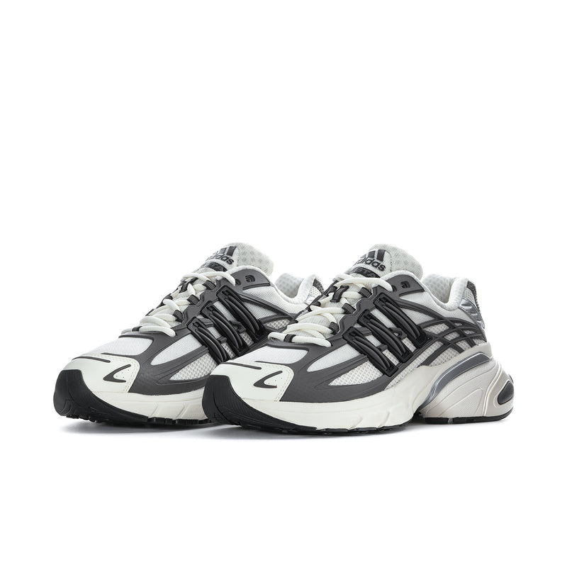 Men's running shoes with sporty stripe design; grey/black/off-white adidas lace-up.