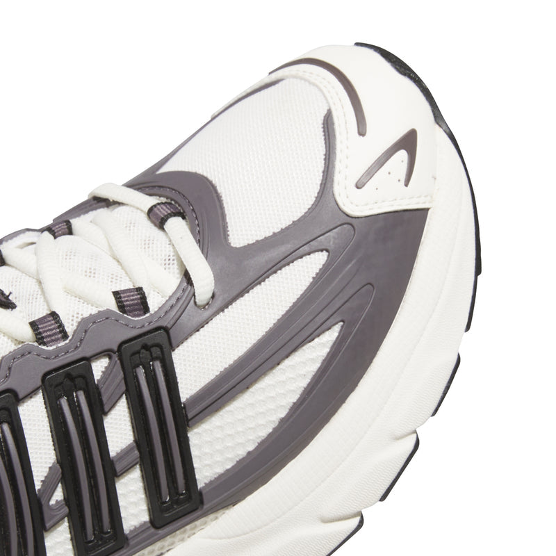 Men's sneaker side close-up: grey mesh, black stripe details, off-white cushioning.