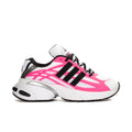 Women's athletic sneaker in white, hot pink and black with striped overlays