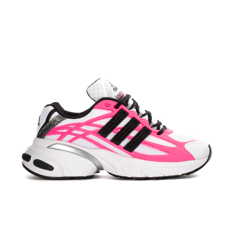 Women's athletic sneaker in white, hot pink and black with striped overlays