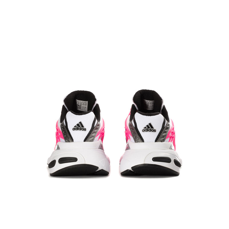 Women's sneaker heels in white and hot pink with black heel collar and chunky midsole