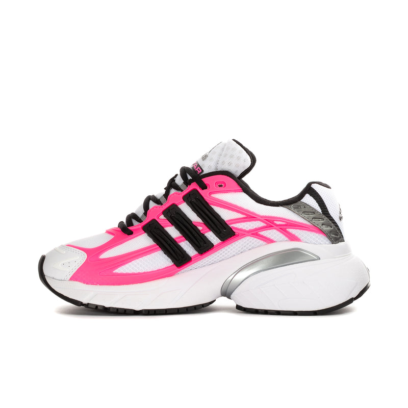 Women's sneaker side profile in white and hot pink with black three-stripe branding