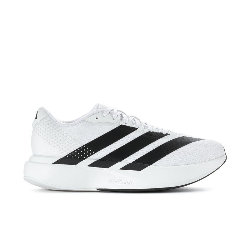 Men's white running shoe with three black side stripes, lace-up design