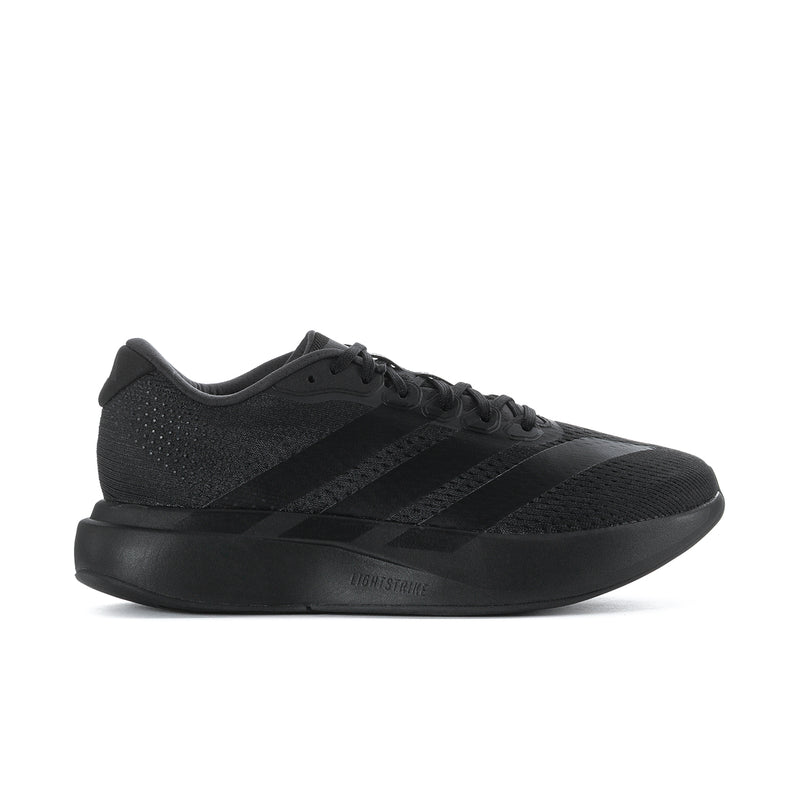 Men's black running shoes, front side view with lace-up and stripes