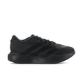 Men's black running shoes, front side view with lace-up and stripes