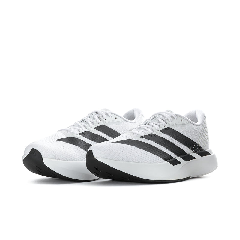 Men's white and black striped running shoes, side angle view, lace-up