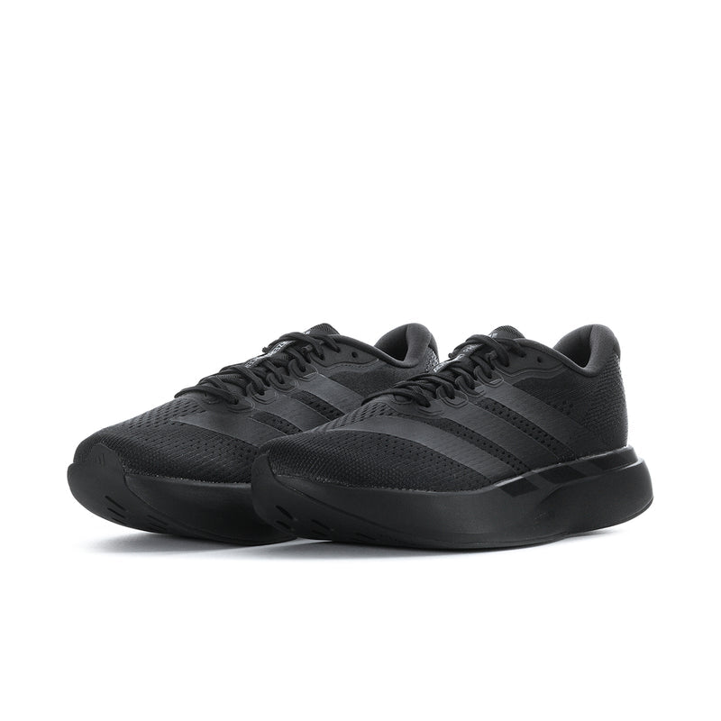Men's black running shoes with mesh upper and three side stripes
