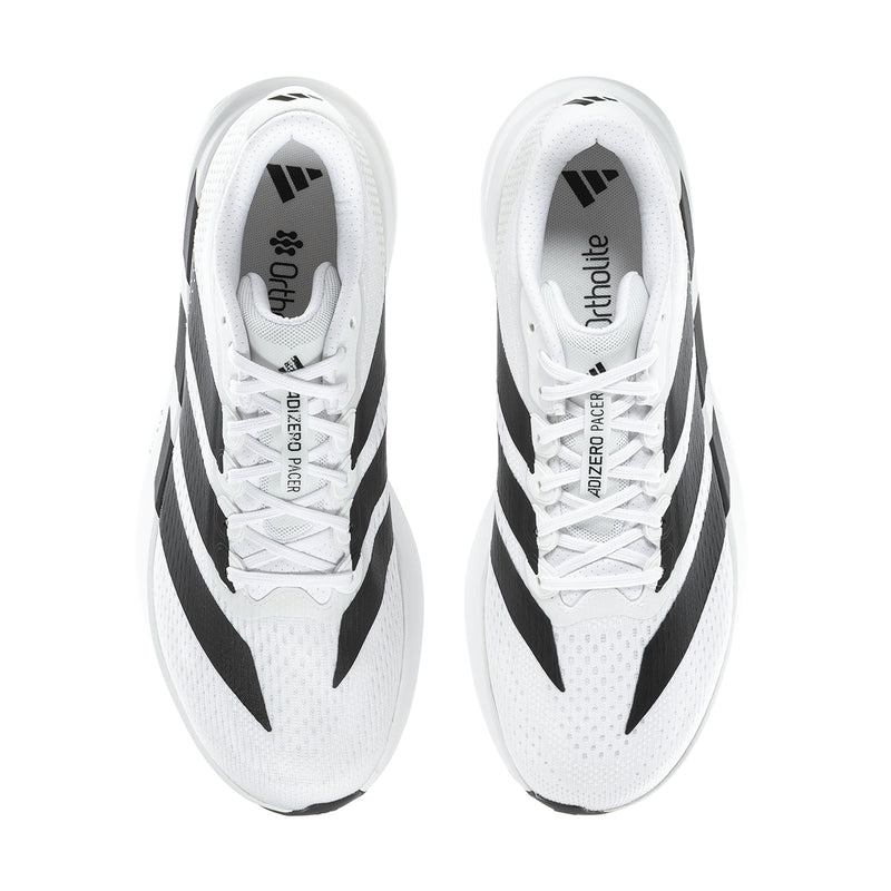 Men's white running shoes shown from above, black stripes and white laces