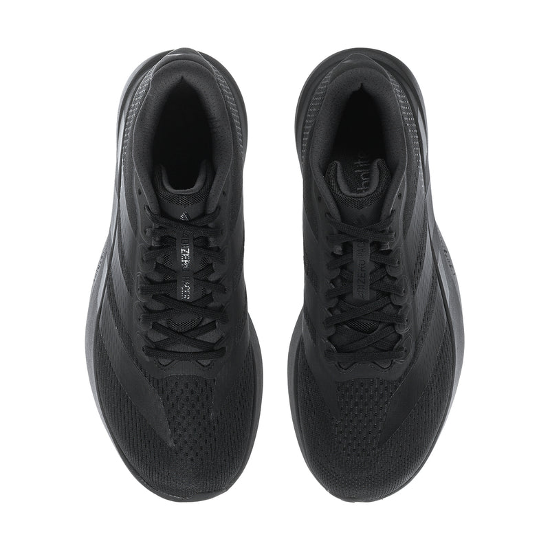 Men's black running shoes, top view pair with lace-up closure