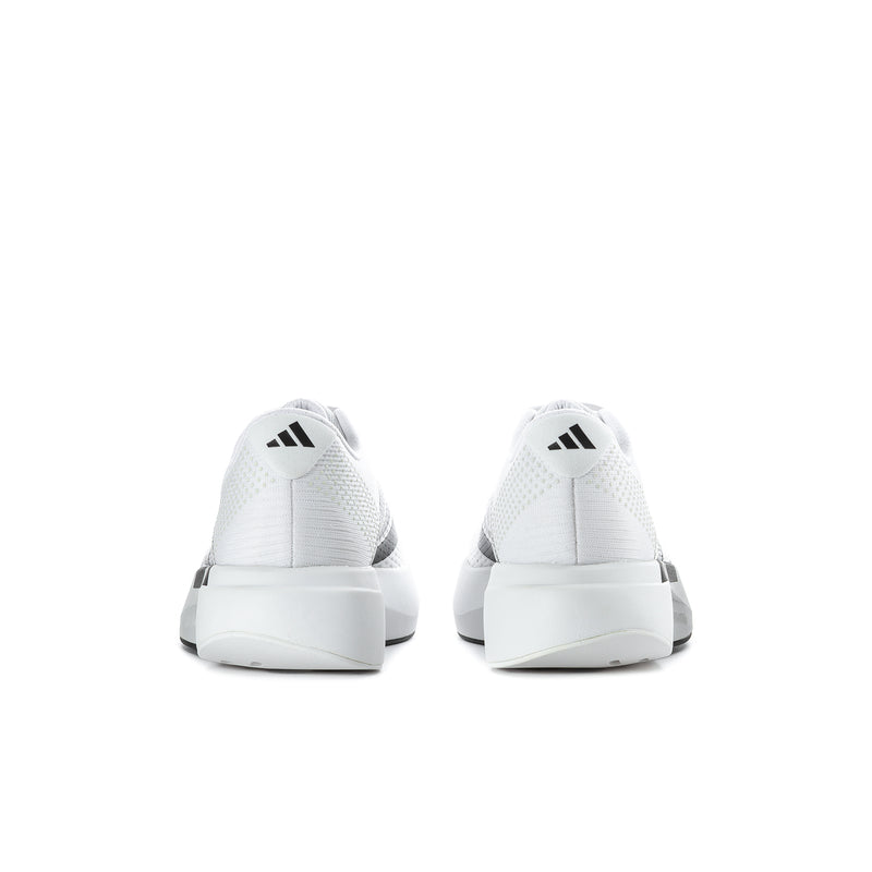 Men's white running shoes from back, black heel logo and striped accents
