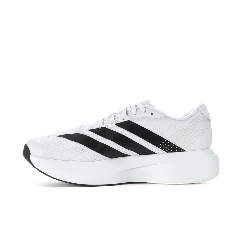 Men's white running shoe with black three-stripe design, lace-up front