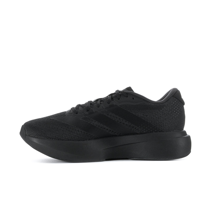 Men's black running shoes, side view with textured upper and laces