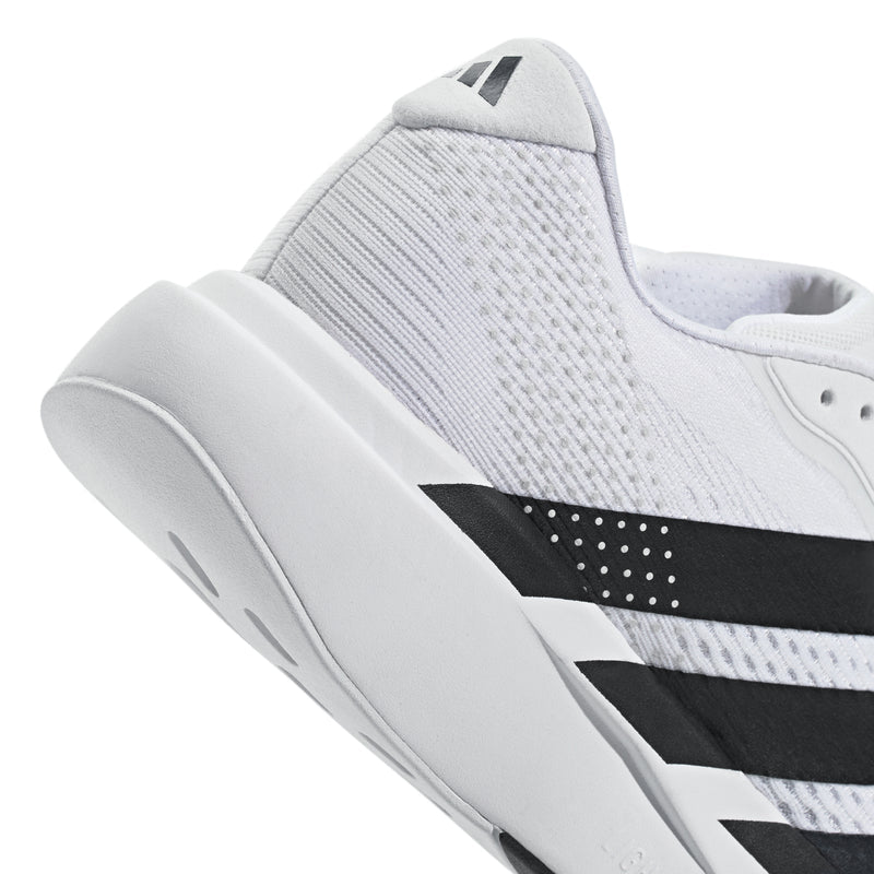 Men's white running shoe quarter view, black stripe panel and textured knit